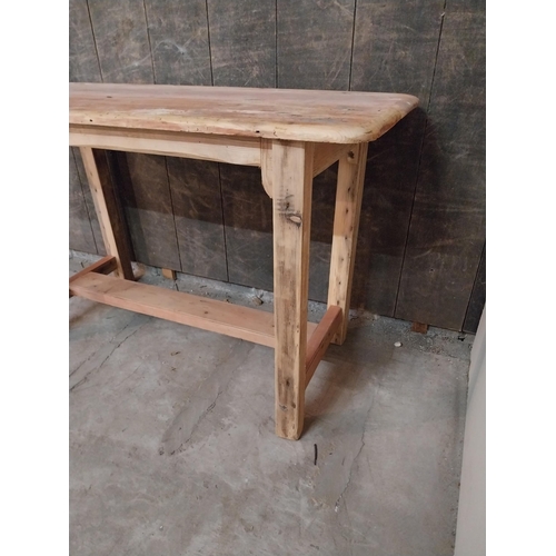 60 - Pine bar - cafe - pub - restaurant table raised on square legs and single stretcher {75 cm H x 117 c... 