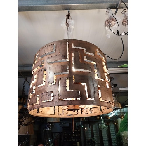 66 - Copper designer hanging lights in working order {46 cm H x 58 cm Dia.}.