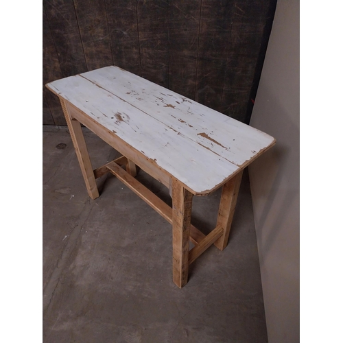 7 - Pine bar - cafe - pub - restaurant table raised on square legs and single stretcher {77 cm H x 107 c... 