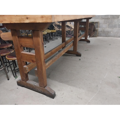 82 - Good quality pine high bar - pub table raised on pedestal support and double stretcher {117 cm H x 3... 