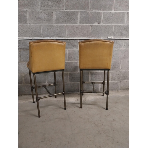 83A - Pair of good quality industrial bar - pub stools with leather upholstered seat and brushed steel bas... 