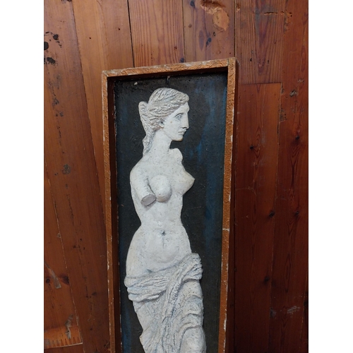 93 - Resin wall plaque mounted in pine frame depicting Venus De Milo {96 cm H x 27 cm D}.