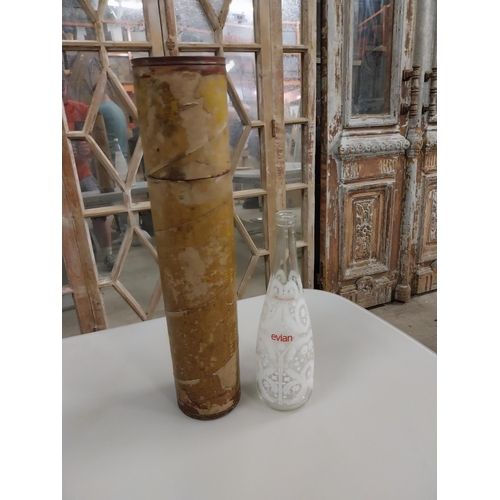 533 - Early 20th C. cardboard and tin canister and Christmas Evian bottle {47, 30  cm H x 10, 9 cm W x 10,... 