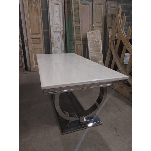 541 - Designer chrome table with marbleised top {78 cm H x 200 cm W x 100 cm D}.