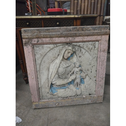 544 - Early 19th C. painted pine panel depicting Our Lady and Child {85 cm H x 78 cm W x 12 cm D}.