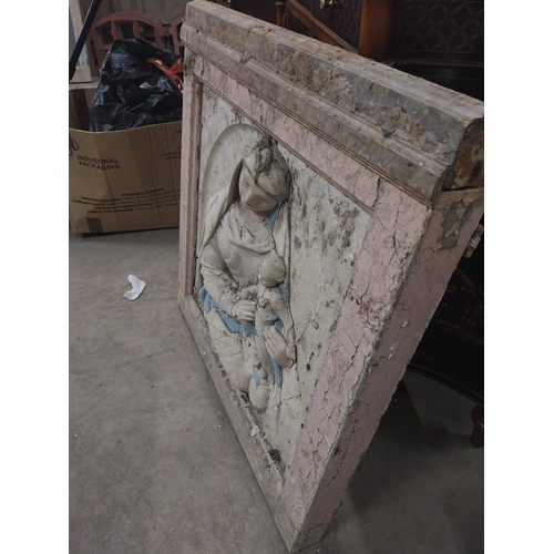 544 - Early 19th C. painted pine panel depicting Our Lady and Child {85 cm H x 78 cm W x 12 cm D}.