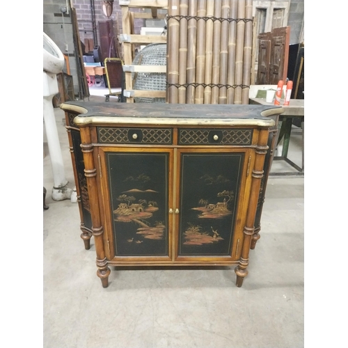 546 - Good quality Japanese mahogany and lacquered side cabinet raised on turned legs {93 cm H x 117 cm W ... 