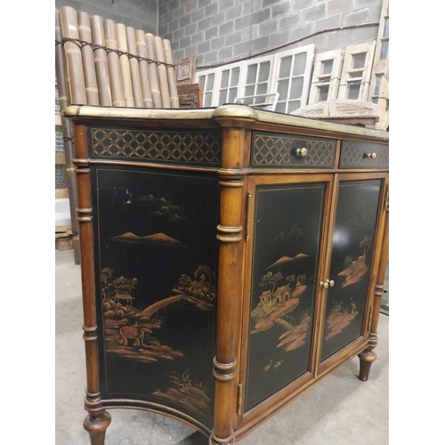 546 - Good quality Japanese mahogany and lacquered side cabinet raised on turned legs {93 cm H x 117 cm W ... 