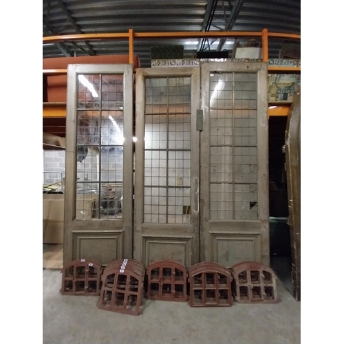 587 - Three 19th C. pitched pine doors with copper and glass panels {Approx 312, 320  cm H x 91, 94  cm W ... 