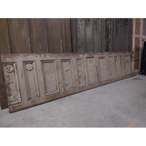 591 - 19th C. pitched pine panelled bar front {77 cm H x 356 cm W x 5 cm D}.