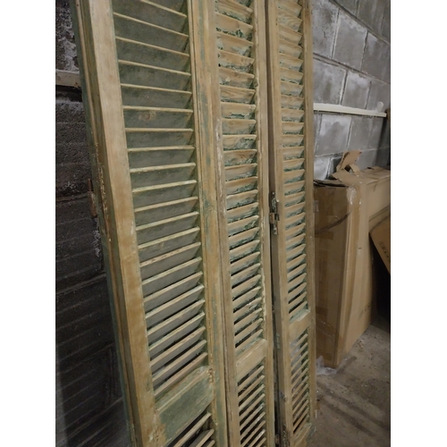 601 - Pair of distressed pine Louvre window shutters and single distressed pine Louvre window shutter {211... 