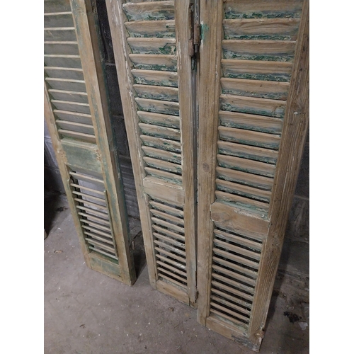 601 - Pair of distressed pine Louvre window shutters and single distressed pine Louvre window shutter {211... 