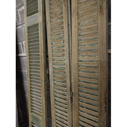 601 - Pair of distressed pine Louvre window shutters and single distressed pine Louvre window shutter {211... 