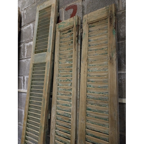 601 - Pair of distressed pine Louvre window shutters and single distressed pine Louvre window shutter {211... 