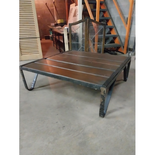 602 - Industrial metal and wooden coffee table {34 cm H x 100 cm W x 100 cm D}.