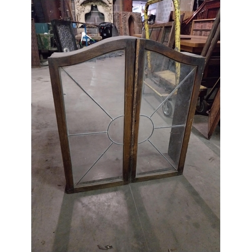 616 - 1980s mahogany wall cabinet with leaded glass doors {82 cm H x 73 cm W x 20 cm D}.