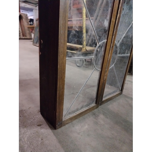 616 - 1980s mahogany wall cabinet with leaded glass doors {82 cm H x 73 cm W x 20 cm D}.