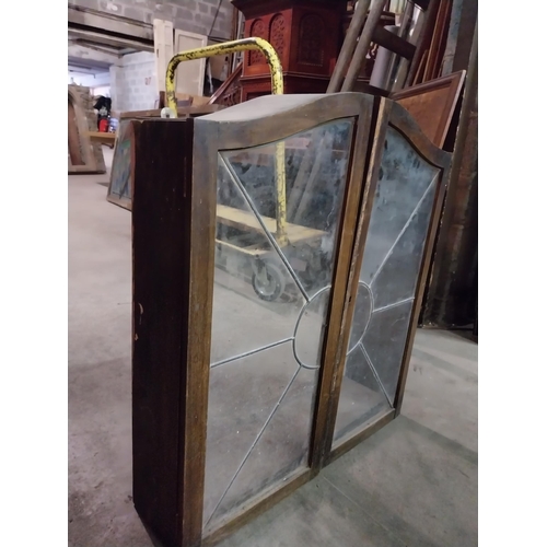 616 - 1980s mahogany wall cabinet with leaded glass doors {82 cm H x 73 cm W x 20 cm D}.