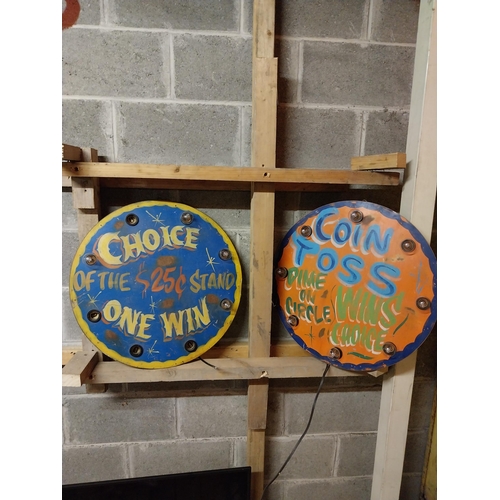 619 - Two vintage hand painted light up Carnival advertising signs {59 cm Dia. 11 cm D}.