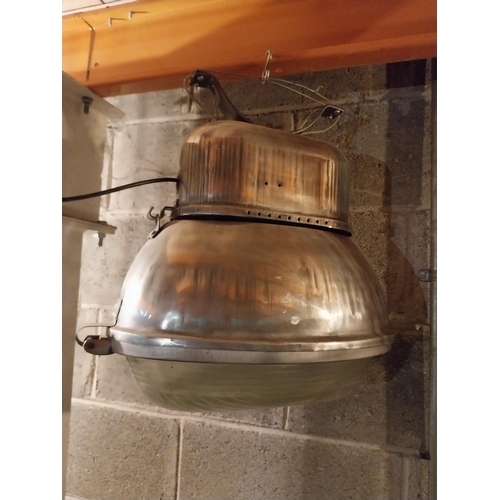 633 - 1940s industrial polished metal and glass hanging lamp {50 cm H x 47 cm W x 31 cm D}.