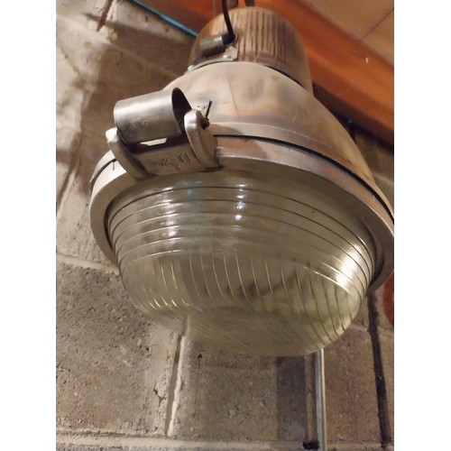 633 - 1940s industrial polished metal and glass hanging lamp {50 cm H x 47 cm W x 31 cm D}.