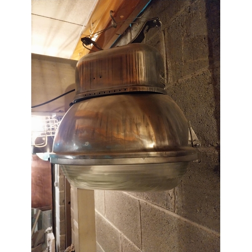 633 - 1940s industrial polished metal and glass hanging lamp {50 cm H x 47 cm W x 31 cm D}.