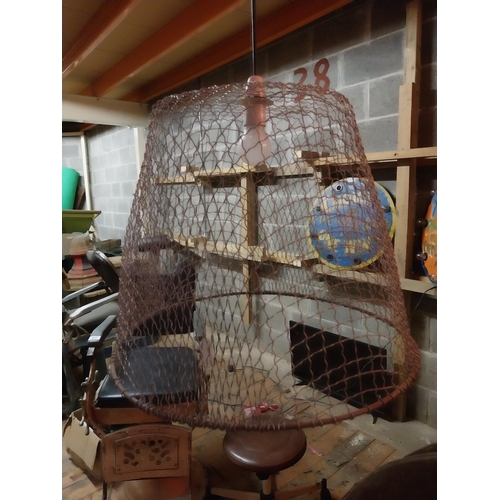 635 - Unusual metal circular basket hanging light {42 cm H x 44 cm W x 44 cm D}.