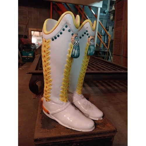 637 - Hand painted ceramic umbrella stand in the form of pair of Cowboy boots {46 cm H x 24 cm W x 30 cm D... 