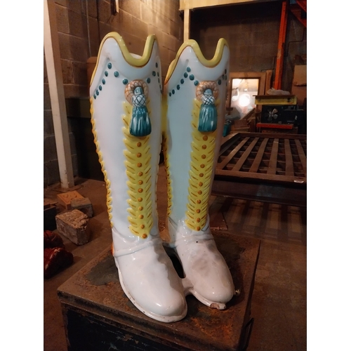 637 - Hand painted ceramic umbrella stand in the form of pair of Cowboy boots {46 cm H x 24 cm W x 30 cm D... 