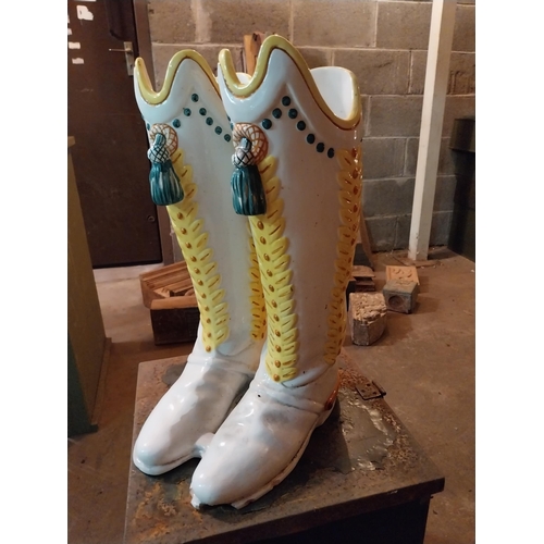 637 - Hand painted ceramic umbrella stand in the form of pair of Cowboy boots {46 cm H x 24 cm W x 30 cm D... 