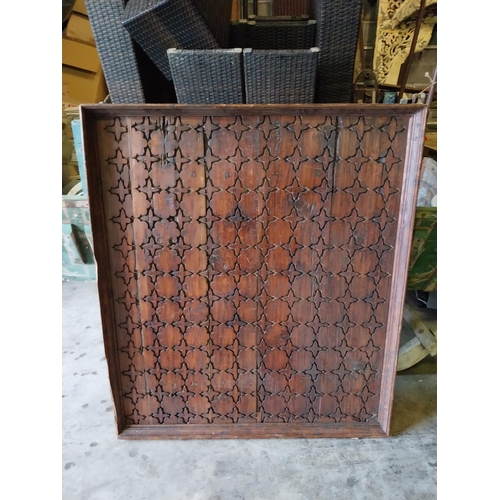 650 - Carved hardwood wall panel {109 cm H x 94 cm W x 10 cm D}.