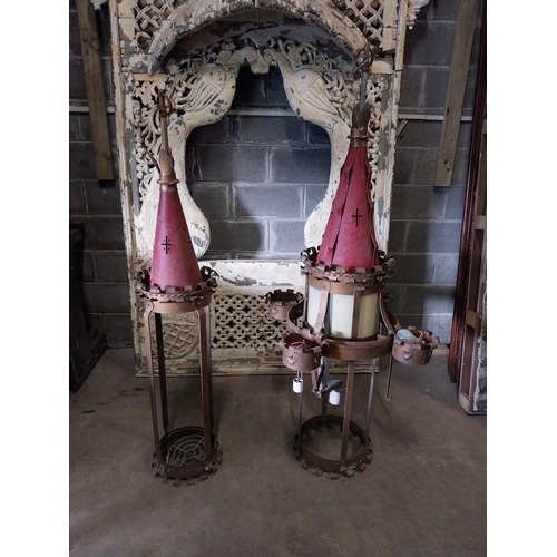 658 - Two unusual metal lanterns {170, 156  cm H x 64, 33  cm W x 64, 33  cm D}.