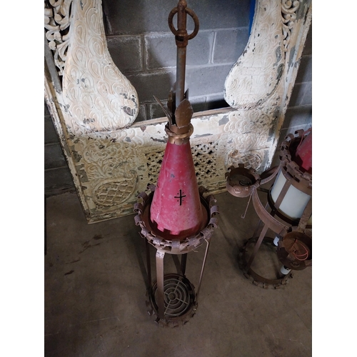 658 - Two unusual metal lanterns {170, 156  cm H x 64, 33  cm W x 64, 33  cm D}.