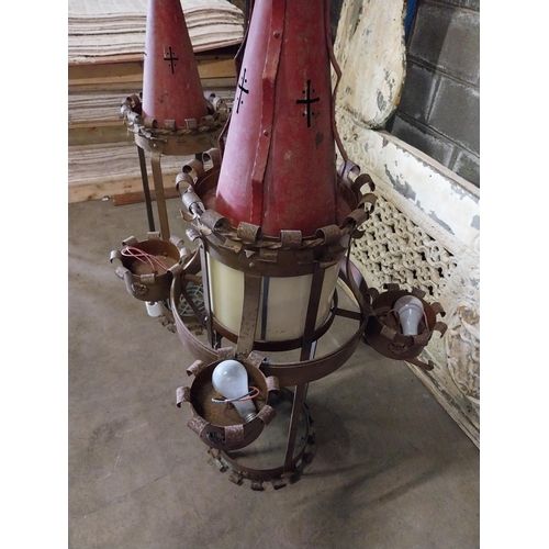 658 - Two unusual metal lanterns {170, 156  cm H x 64, 33  cm W x 64, 33  cm D}.