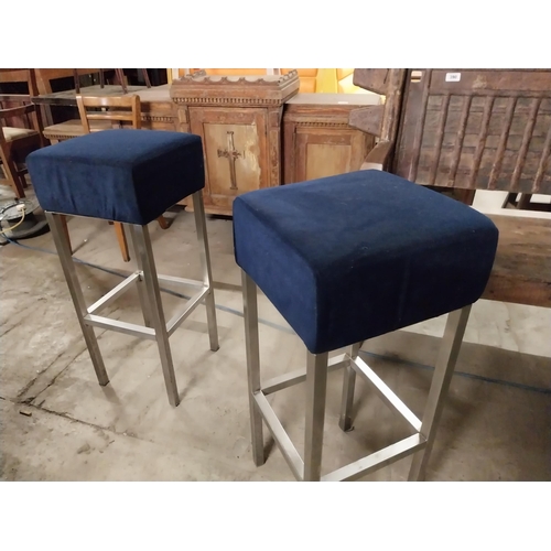 44F - Pair of bars stools with crushed velvet upholstered seats on polish steel bases {82 cm H x 44 cm W x... 