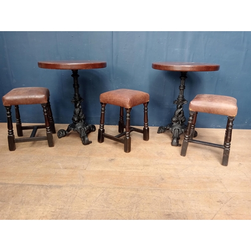 168 - Pair of cast iron dolphin pub table with solid tops {H 73cm x Dia 58cm }.