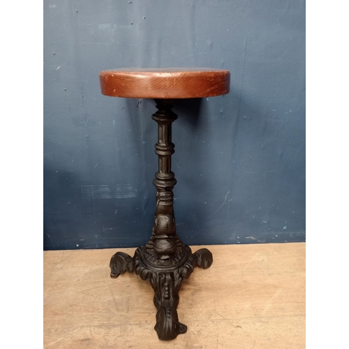 205 - Cast iron dolphin pub table with D end solid top { H 73cm x W 28cm x D 50cm}.