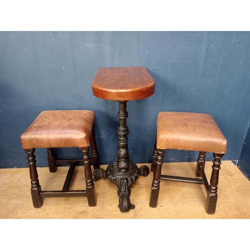 205 - Cast iron dolphin pub table with D end solid top { H 73cm x W 28cm x D 50cm}.