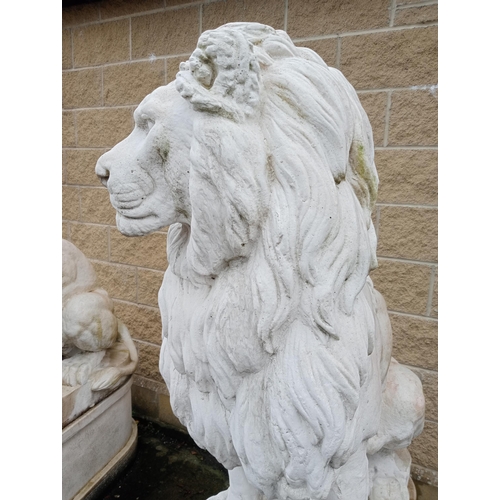 249 - Composition stone lions raised on bases {H 180cm x W 50cm x D 110cm }.