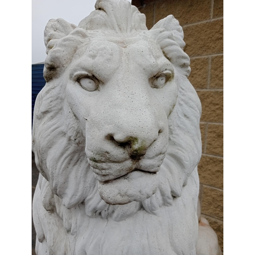 249 - Composition stone lions raised on bases {H 180cm x W 50cm x D 110cm }.