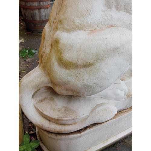 249 - Composition stone lions raised on bases {H 180cm x W 50cm x D 110cm }.