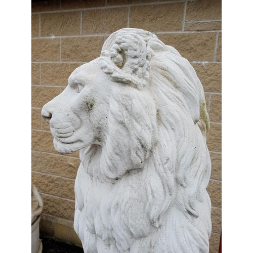 249 - Composition stone lions raised on bases {H 180cm x W 50cm x D 110cm }.