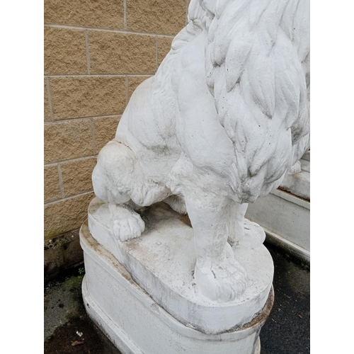 249 - Composition stone lions raised on bases {H 180cm x W 50cm x D 110cm }.