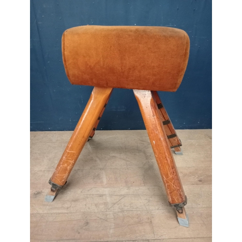 404 - Wooden and leather gym horse {H 104cm x W 95cm x D 74cm }.