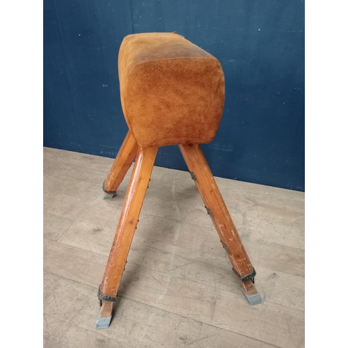 404 - Wooden and leather gym horse {H 104cm x W 95cm x D 74cm }.