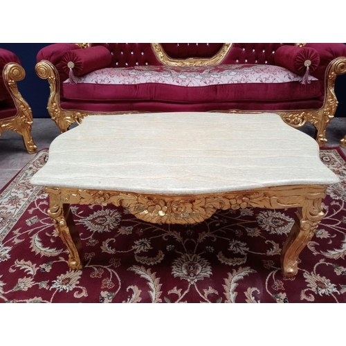 405 - Gilt six piece suite with deep button and red velvet floral design comprising of sofa and four chair... 