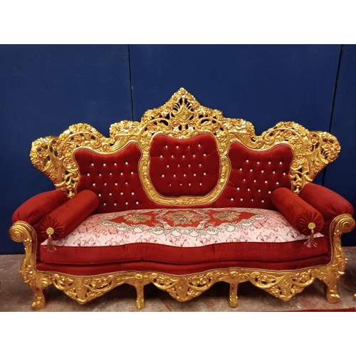 405 - Gilt six piece suite with deep button and red velvet floral design comprising of sofa and four chair... 