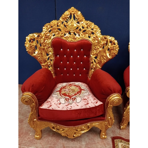 405 - Gilt six piece suite with deep button and red velvet floral design comprising of sofa and four chair... 