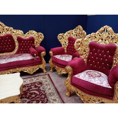 405 - Gilt six piece suite with deep button and red velvet floral design comprising of sofa and four chair... 