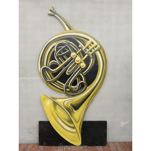 555 - Large French horn wooden wall art {H 242cm x W 123cm x D 12cm}.